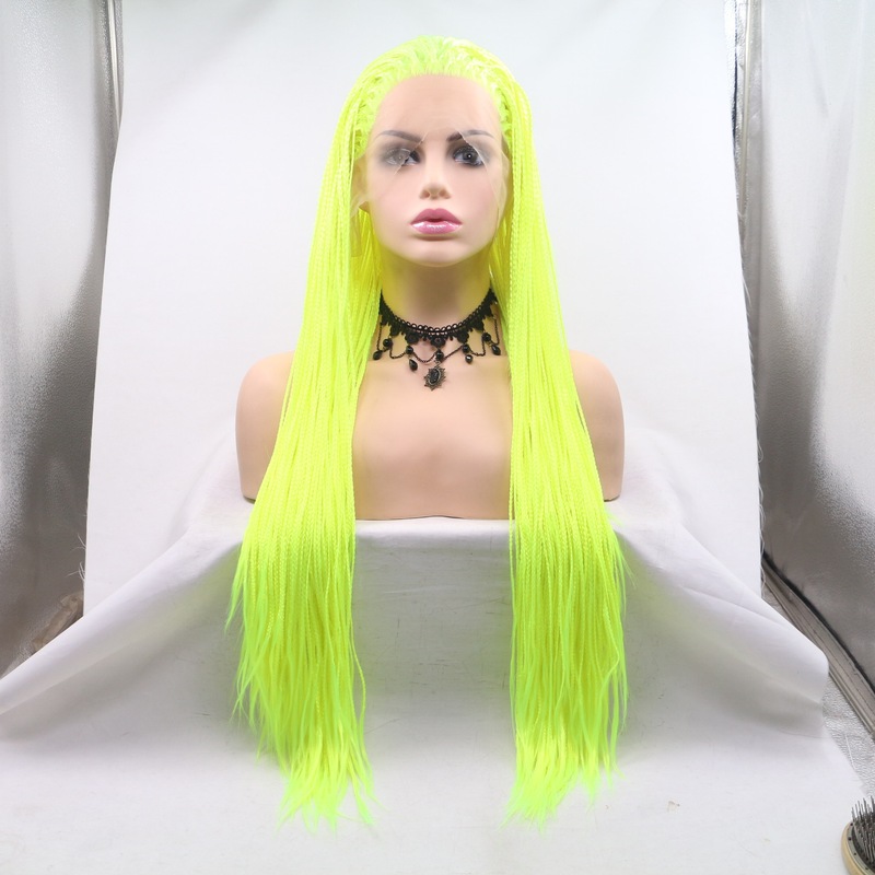 Amazon AliExpress Fluorescent Green Front Lace Chemical Fiber Wig Hip Hop Rock Hand-Woven Three-Strand Braid