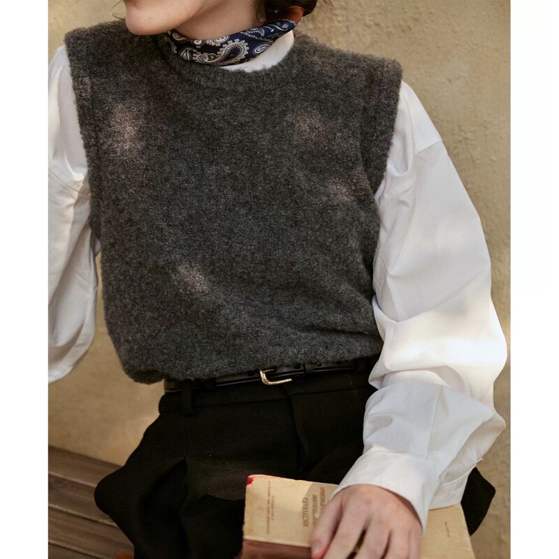 Cubai Gray Wool Loop Yarn Velvet Vest Retro Layered Round Neck Top Autumn and Winter Sweater