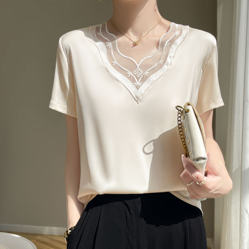 Lace Embroidered Short-Sleeved Tops for Women, Acetate Satin Silk T-Shirts, Loose Large Size Women's Mulberry Silk T-Shirts, New Summer Lace Embroidered Short-Sleeved Tops for Women, Acetate Satin Silk T-Shirts, Loose Large Size Women's Mulberry Silk T-Shirts, New Summer