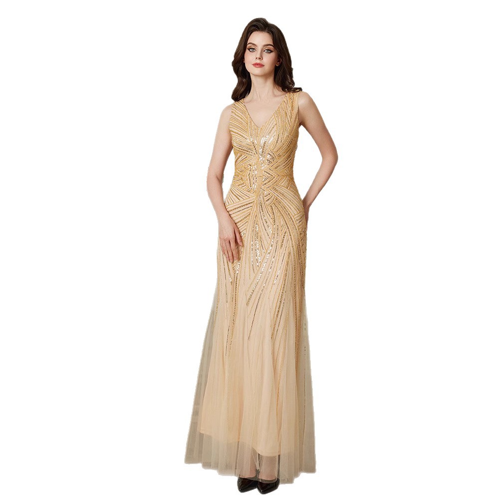 Paillettenkleid, elegantes Abendkleid, europäischer und amerikanischer Stil, tailliertes Partykleid, langes Kleid_voghion.com