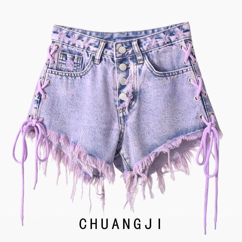Purple Tassel Lace-Up Denim Shorts for Women Summer High-Waisted Buttoned Ins Trendy Sexy Raw Edge Slimming Look A-Line Wide-Leg Hot Pants