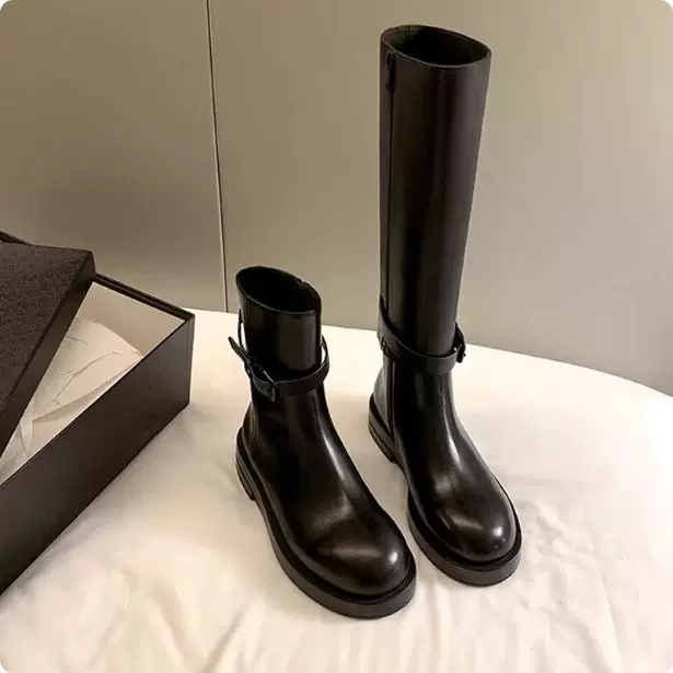 葡萄妈同款 可拆卸两穿~ANN扣带厚底中高筒长靴女骑士靴真皮短靴