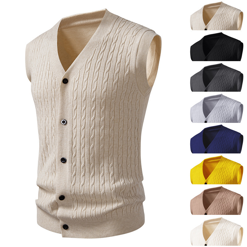 Cross-Border Autumn and Winter Export Men's V Neck Cardigan Knitted Vest European and American Fashion Twisted Sleeveless Sweater Vest Vest Cross-Border Autumn and Winter Export Men's V Neck Cardigan Knitted Vest European and American Fashion Twisted Sleeveless Sweater Vest Vest