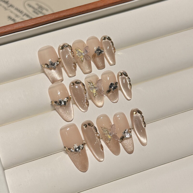 Purely Handmade Dead Leaf Butterfly Style Press-On Nails, Elegant Champagne French Cat Eye Design, Light Luxury High-End Fake Nails, Wholesale Cost-Effective Hot-Selling Item Purely Handmade Dead Leaf Butterfly Style Press-On Nails, Elegant Champagne French Cat Eye Design, Light Luxury High-End Fake Nails, Wholesale Cost-Effective Hot-Selling Item