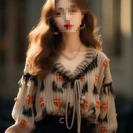 多巴胺秋季感穿搭小个子欧货漂亮时尚灰色印碎花领针织毛衣