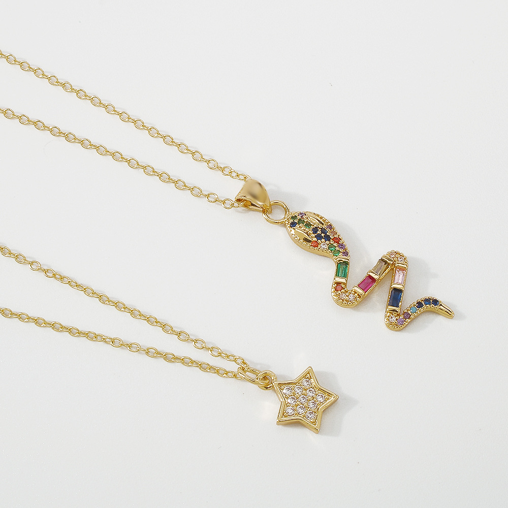 vintage exaggerated pentagram snake-shaped color zircon copper necklace wholesale