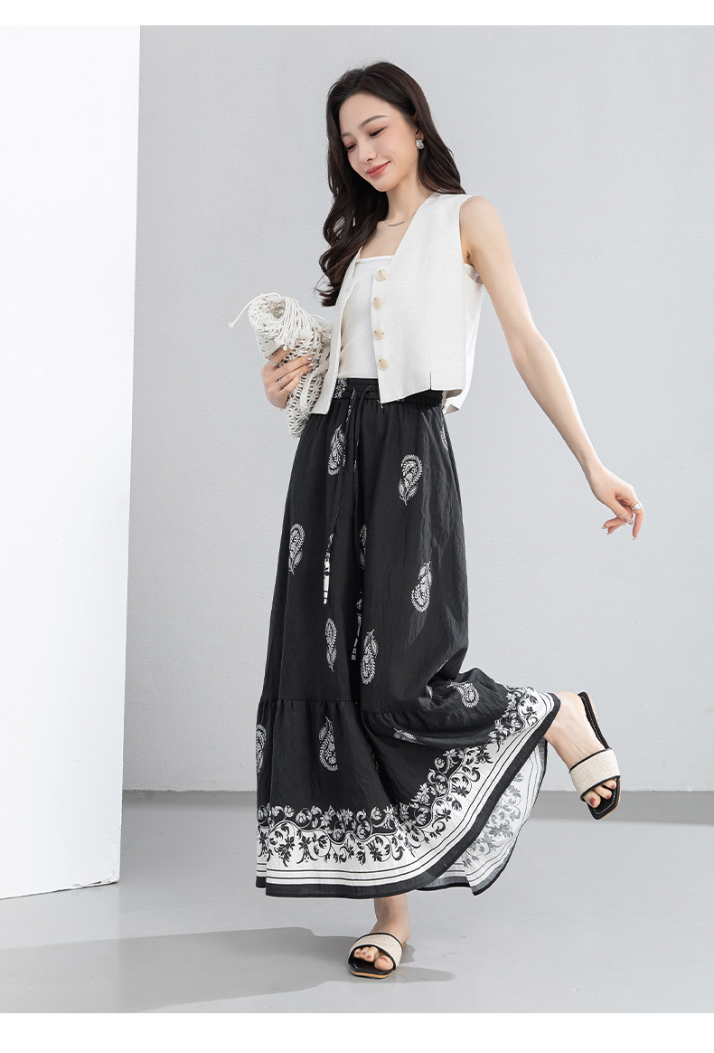 Chân váy chữ A bohemian eo cao in họa tiết, dáng xòe rộng, phù hợp đi biển và nghỉ mát — màu đen chi tiết 19