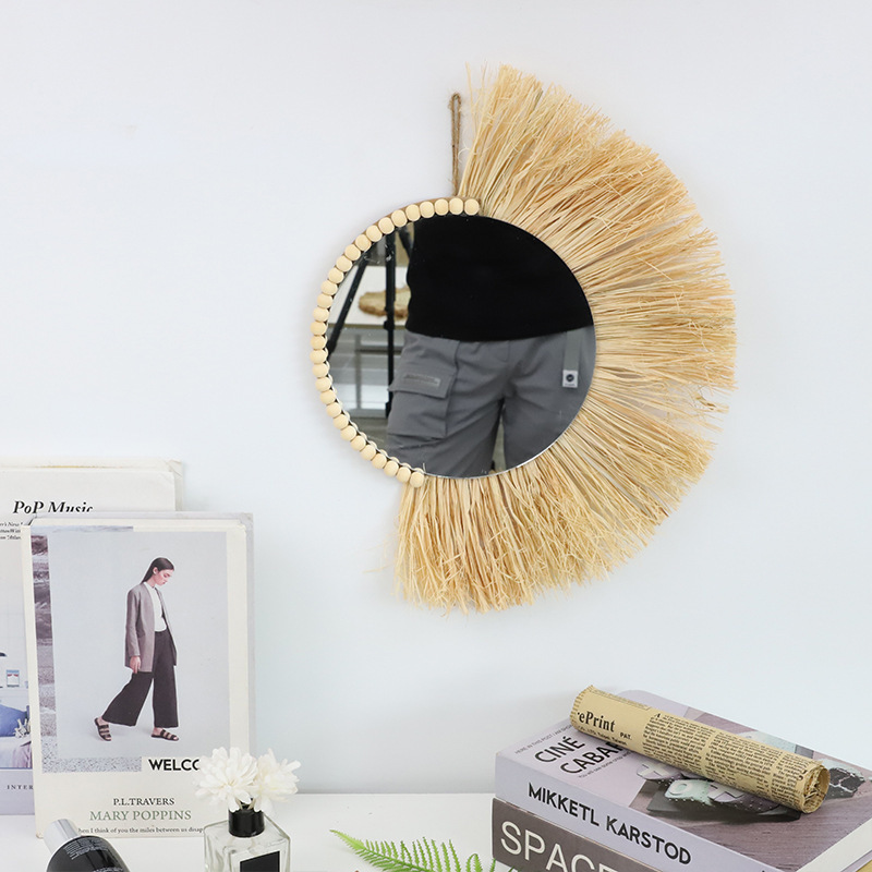 Espejo de maquillaje de hierba de estilo nórdico transfronterizo, espejo decorativo tejido a mano, espejo de fondo de vivienda creativo, pared de pared de hogar