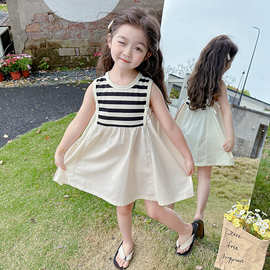 女童连衣裙夏季黑白条纹背心裙2024新款儿童洋气夏装薄款网红裙子