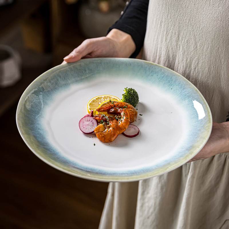 White and Green Gradient Ceramic Dinner Plate Handmade Texture Large Plate Art Plate Steak Pasta Plate Restaurant Home Creative Tableware