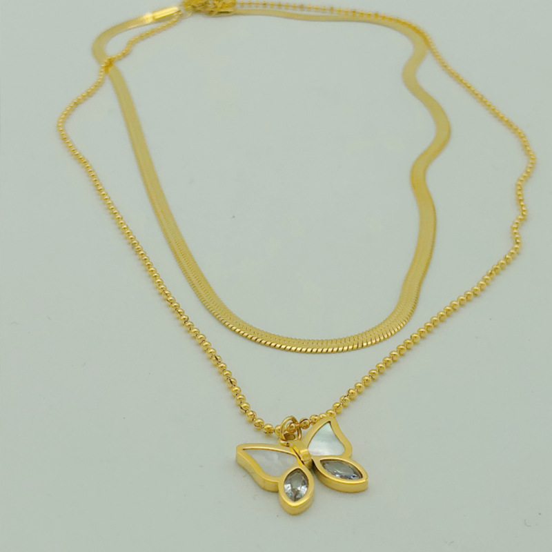 Fashion Butterfly Titanium Steel Inlay Shell Zircon Layered Necklaces 1 Piece