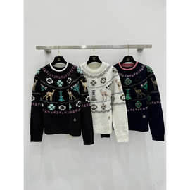 提花套头长袖毛衣 复古慵懒风舒适百搭圆领上衣冬