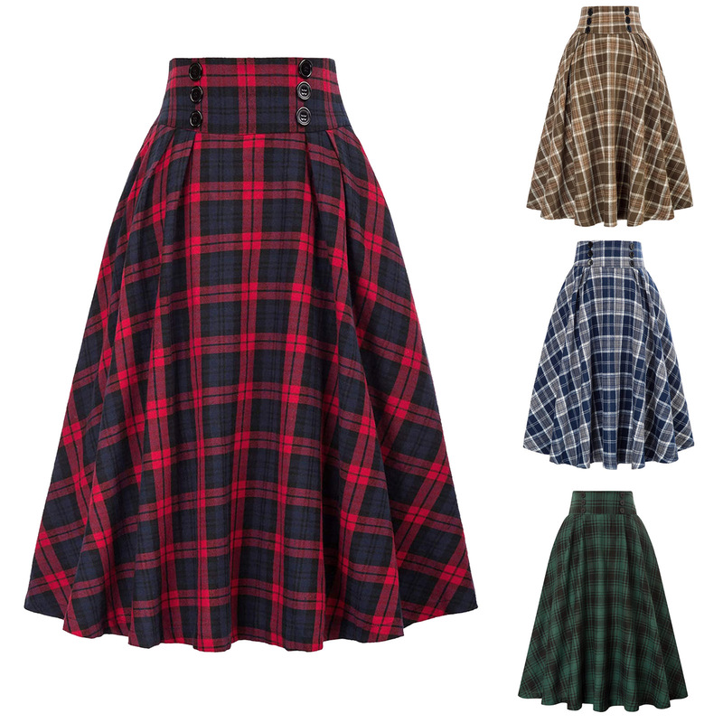 European and American wish foreign trade high waist plaid large swing skirt autumn and winter fashion women's plaid elastic waist A- line skirt