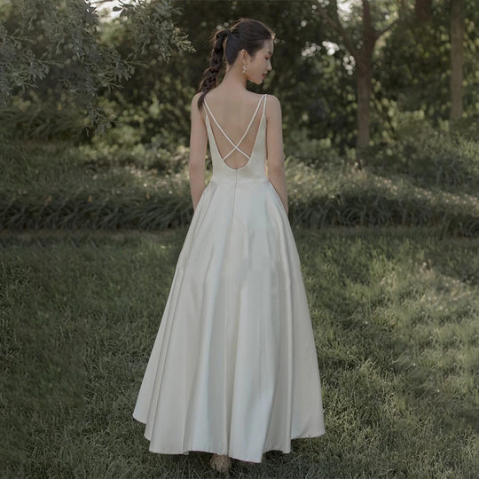 Satin Light Wedding Dress 2024 New Simple Sling Dress Backless Slimming Super Fairy Mori Style White Evening Dress for Women