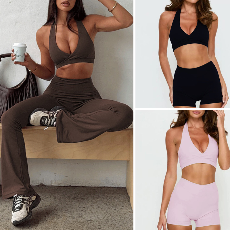 Foreign Trade Cross-Border European and American Style Halter Neck Deep V Beautiful Back Sports Fitness Bra, Shockproof Bra, Quick-Dry Butt-Lifting Shorts
