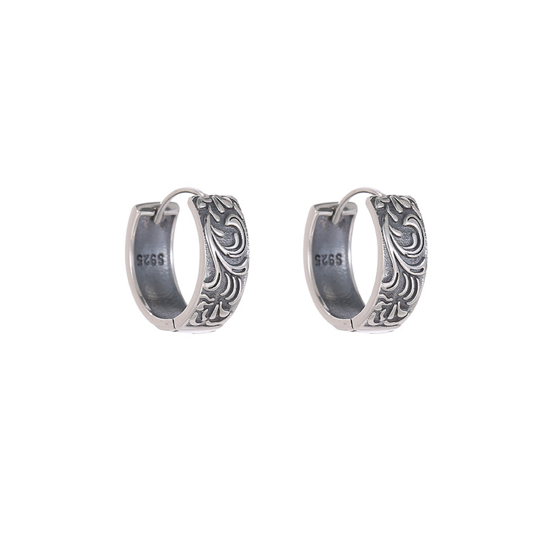 Sterling Silver Tang Grass Pattern Hoop Earrings For Women_voghion.com