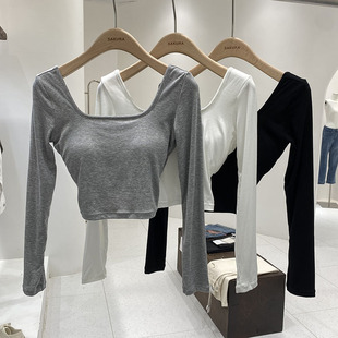 Thirteen hot girl square collar open collarbone long sleeve T-shirt women's autumn new sexy backless slim short top with chest pad