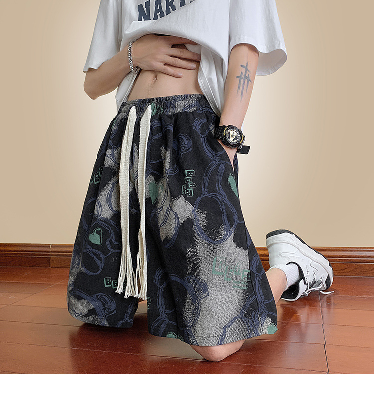 Men's Bear Print Drawstring Shorts, Loose Fit High Street Casual Shorts, Summer Streetwear Mid-Thigh Shorts_viptrois.com