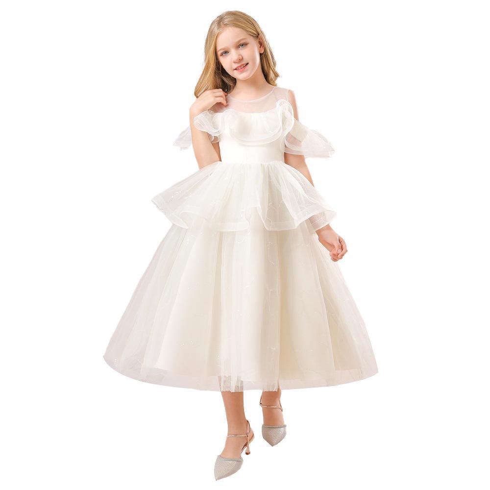 Nuevo vestido de noche para niñas vestido de princesa hinchado de malla vestido de anfitrión fuera del hombro vestido de Día de los niños