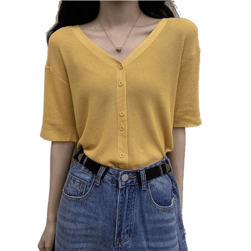 V-neck women's spring and summer 2025 retro gentle thin ice silk short-sleeve black short bm knit sweater