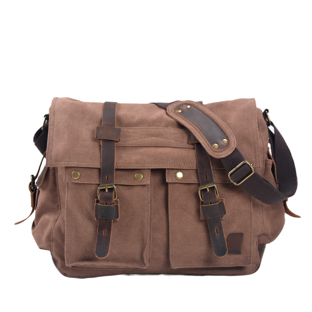 Large Capacity 17 Inch Computer Satchel European and American Retro Canvas Crazy Horse Cowhide Men's Messenger Bag Shoulder Casual Schoolbag_voghion.com