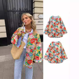 速卖通2024秋冬新款棉衣圆领印花喇叭袖棉服拼接撞色棉袄外套女装