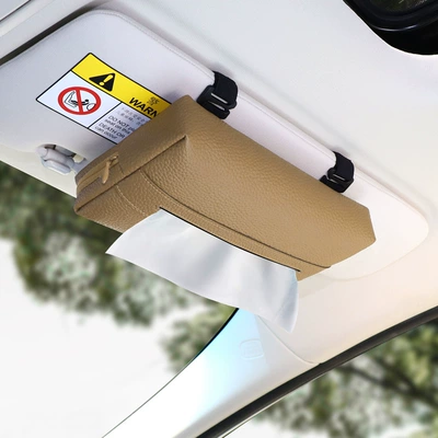 Car tissue box/set Leather Car-Mounted Seat Back Tissue - milk-tea-brown-sun-visor-tissue-box-clip-on-style