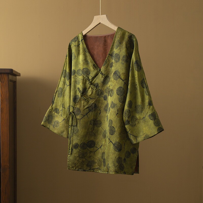 Silk Red Cloud Yarn New Chinese Style V-Neck Cardigan Top for Women 100% Mulberry Silk National Style Raglan Sleeve Blouse Summer