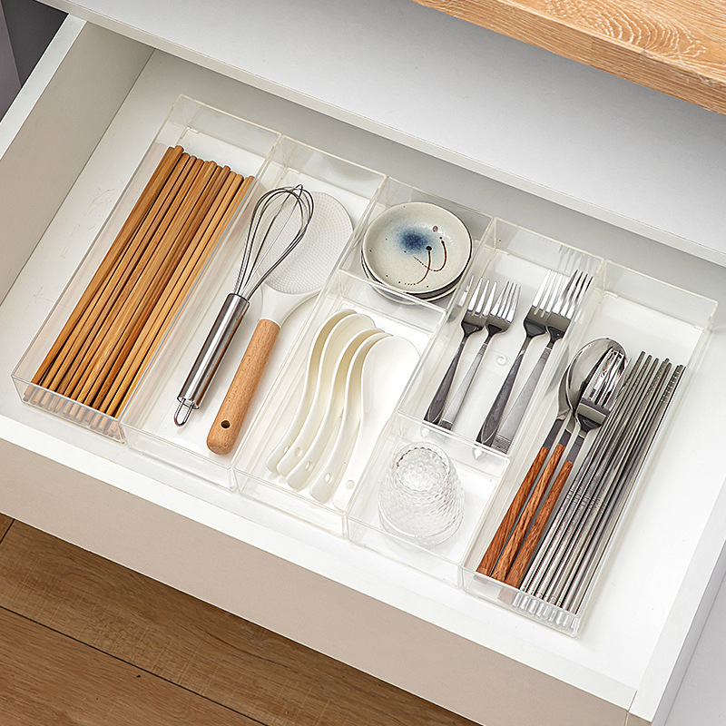 Cabinet Storage Tableware Storage Box Plastic Divided Chopsticks Spoon Storage Box Rectangular Transparent Drawer Storage Box