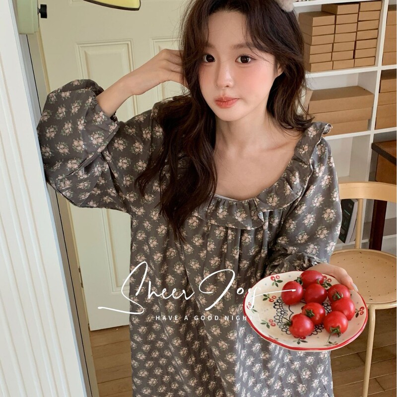 New Pure Cotton Korean Style French Angela Series Long-Sleeved Skirt Women's Home Wear Moonfall and Caw Coffee
