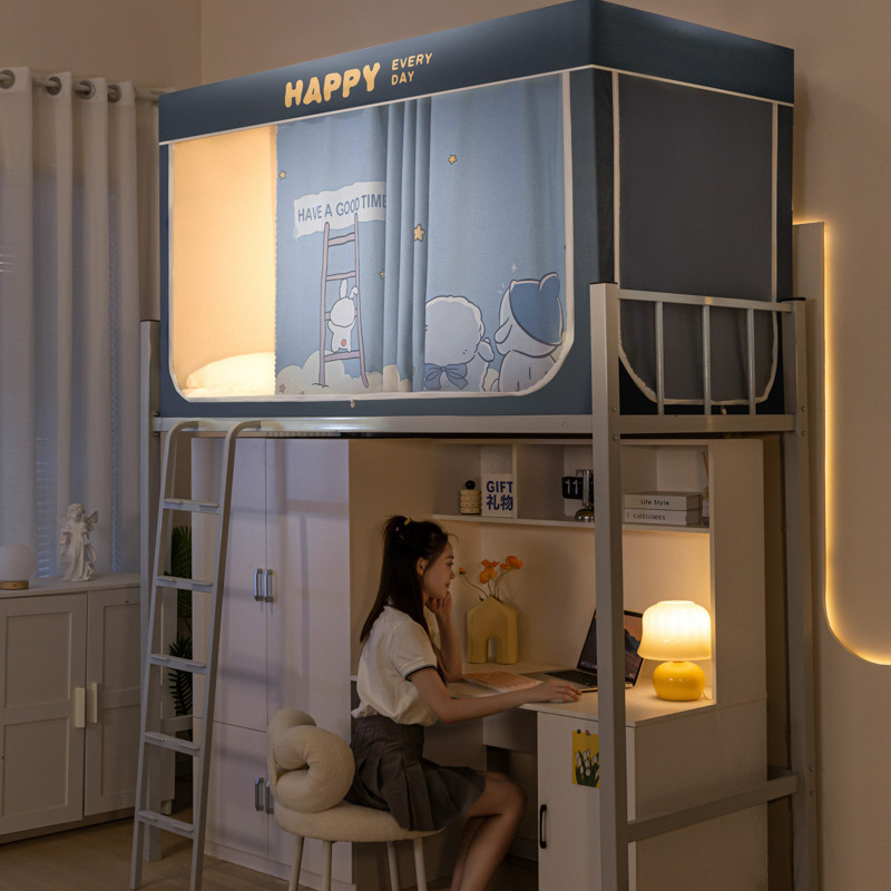 Cortina de cama gruesa de protección de luz fuerte para dormitorio de estudiantes con mosquiteros superiores e inferiores