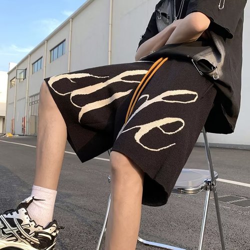 American street fashion brand knit letter jacquard five-pocket pants summer thin loose casual drawstring woolen shorts for men