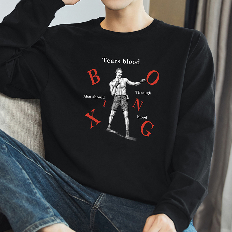 American 260g Heavy Cotton Long Sleeve T-Shirt Men's Fashion Black Base Shirt Autumn Clothes Loose Cotton T-Shirt