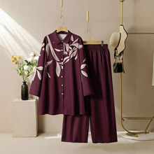 大码欧美女装新款2件套女装长袖衬衫直筒裤套装，时尚印花宽松款