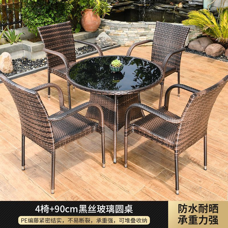 (프리쿠션) 의자 4개 + 90cm 블랙 실크 유리 원형 테이블