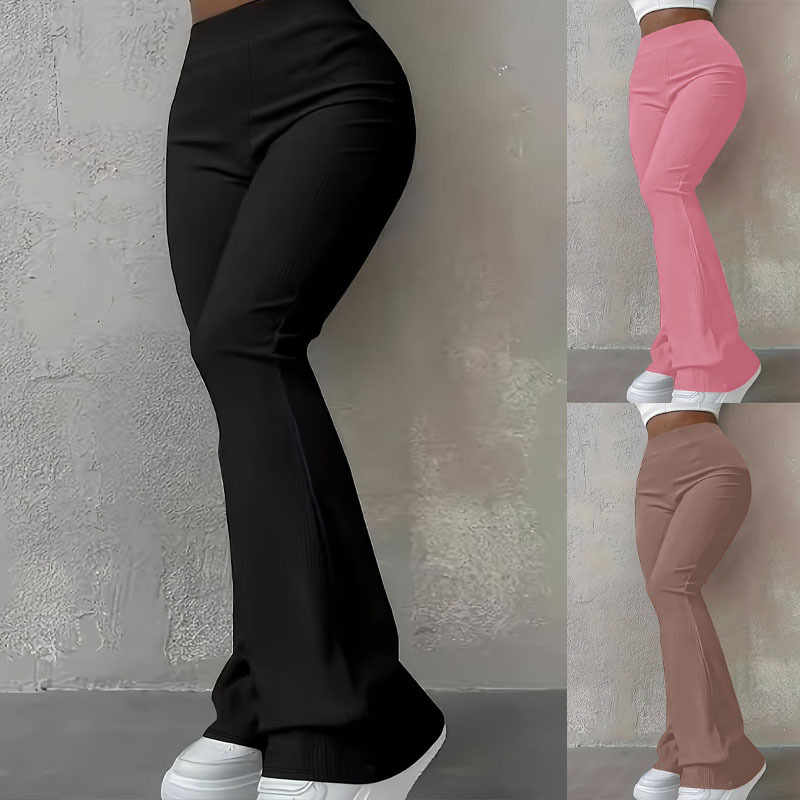 Leggings a coste aderenti, casual, semplici e alla moda, da donna, autunno inverno, pantaloni a vita alta tinta unita_voghion.com