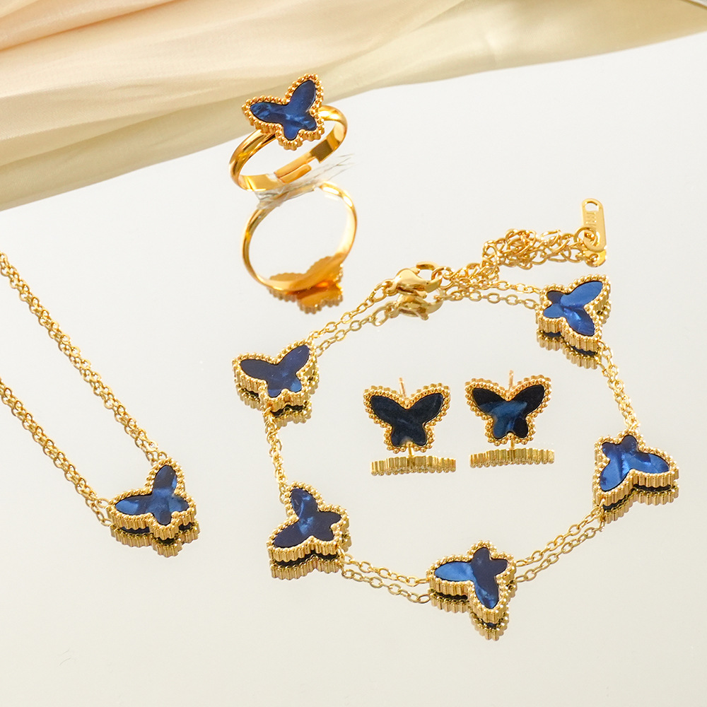 Titanium steel non-fading double-sided butterfly set, light luxury high-end women's four-piece set, niche bracelet wholesale jewelry