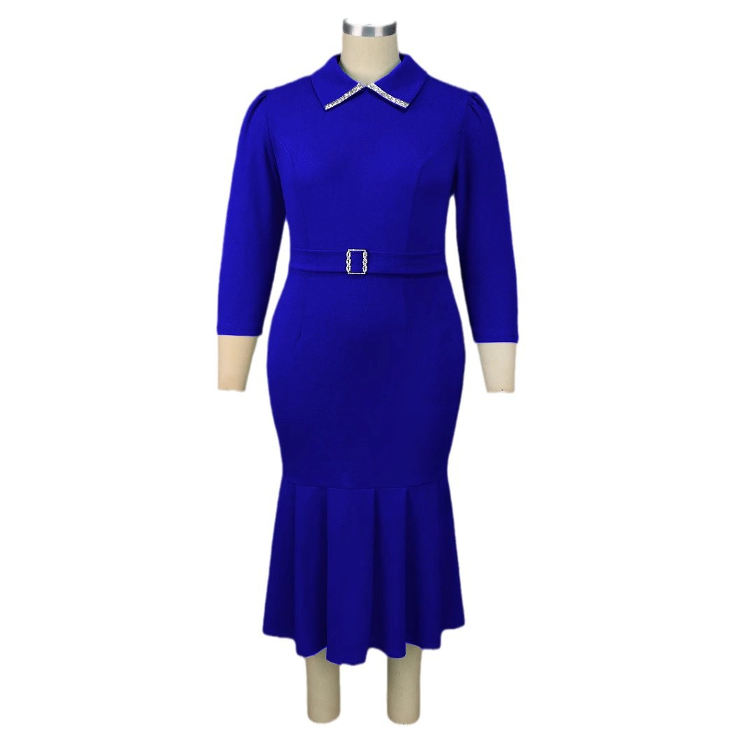AM040915 camisa cuello cintura retraída falda de pescado temperamento transfronterizo azul vestido de cintura alta vestido de fiesta image 5