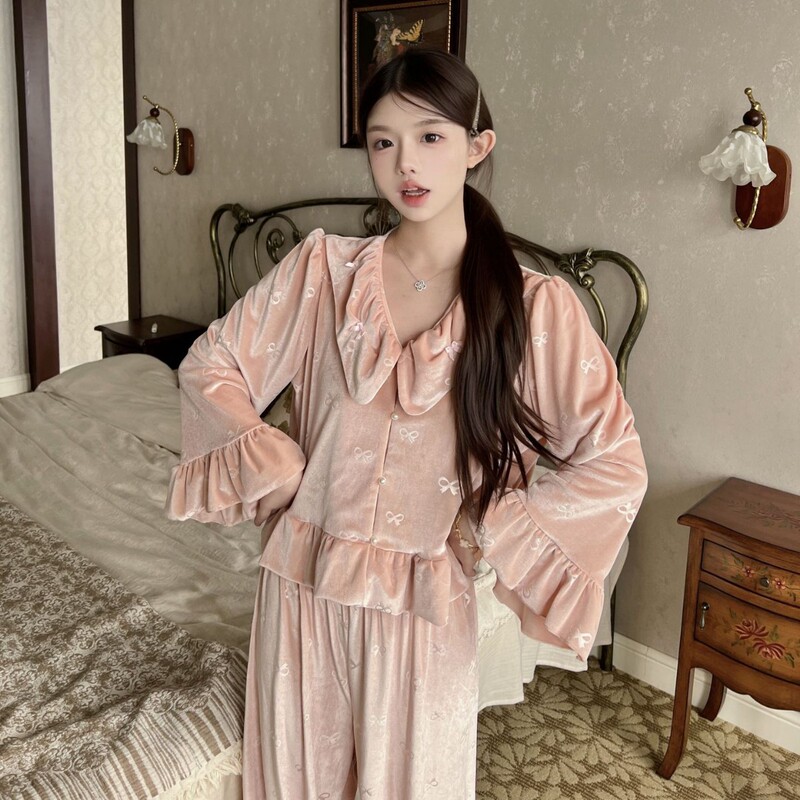 金丝绒秋季新款提花睡衣女日系甜美长袖宫廷风加厚家居服小香风|undefined