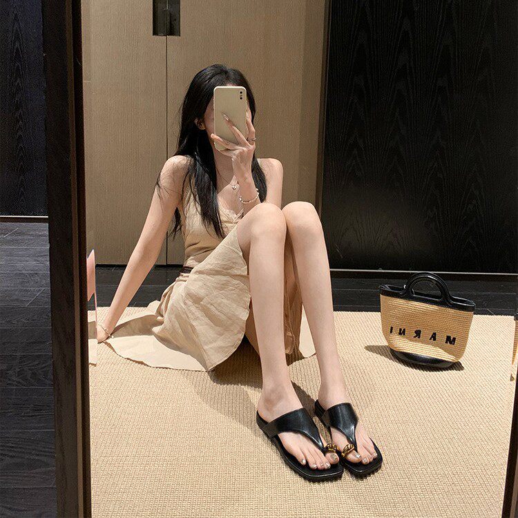 Dép sandal nữ quai ngang xỏ ngón mũi vuông đế bằng — Màu trắng, Màu vàng, Màu đen
