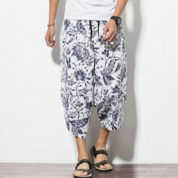 Factory wholesale summer hemp pants men's capri pants loose feet radish pants cotton hemp harem pants ethnic Wind Flower pants