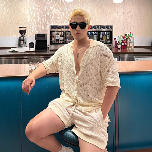 American Retro Lace Knit Short-Sleeve T-Shirt for Men - Summer Casual Loose Sun Protection Half-Sleeve Jacket Top Trendy