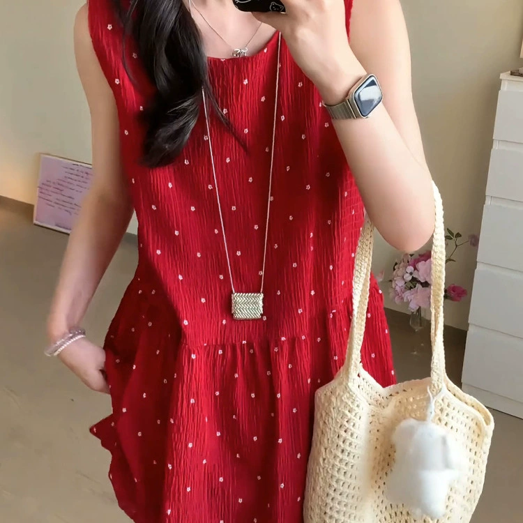 大码胖mm红色波点背心连衣裙女装夏季新款小个子无袖气质花苞短裙