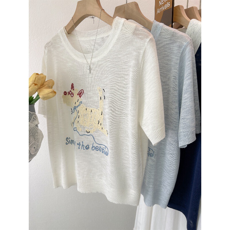 White Embroidered Knit Ice Silk Short-Sleeve T-Shirt for Women, Summer Korean Chic Unique and Beautiful Top White Embroidered Knit Ice Silk Short-Sleeve T-Shirt for Women, Summer Korean Chic Unique and Beautiful Top