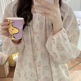 秋季女韩版纯棉提花碎花长袖长裤家居服套装学生宽松大码睡衣女
