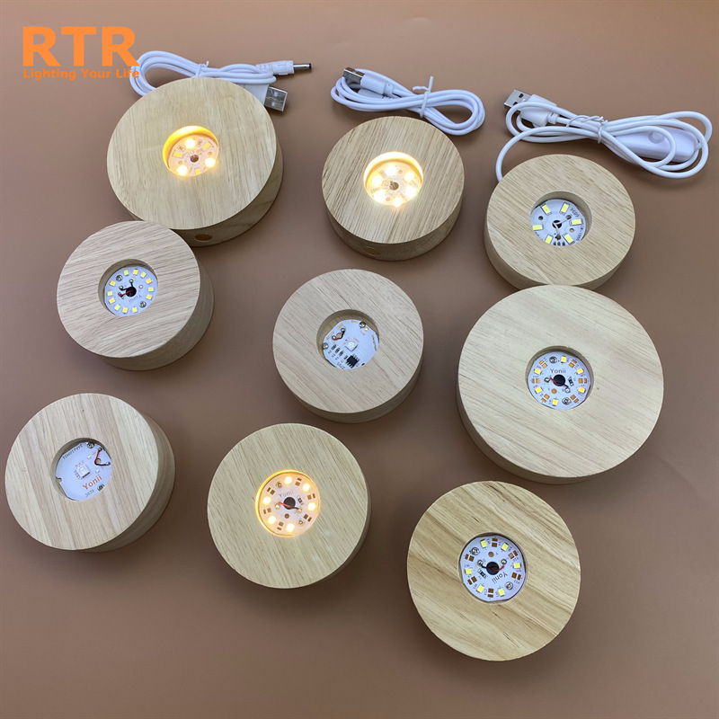 Round Solid Wood Luminous Base Wireless Charging Luminous Lamp Holder Crystal Ball Ornament Lamp Pad Cocktail Glass Decorative Cup Holder