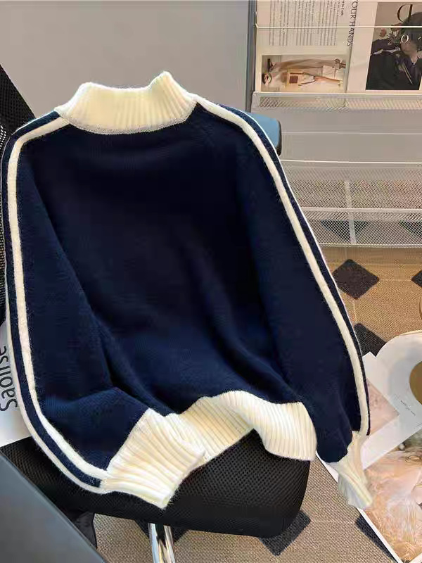 自留款推荐撞色条纹棒球服外套女春秋新款拼接拉链小个子针织毛衣|undefined