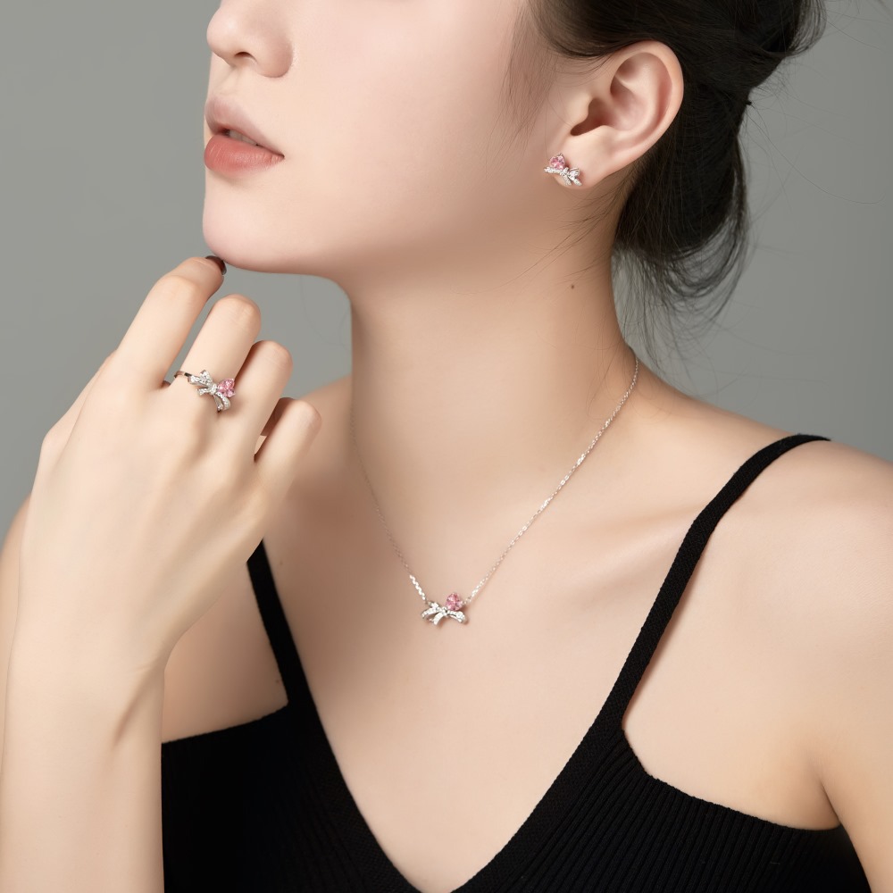 Zircon Inlay Material 925 Sterling Silver Zircon Heart Shape Bow Knot Rings 925 Sterling Silver Rings