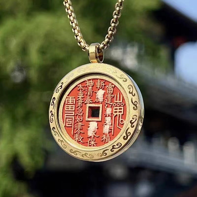 纯铜山鬼花钱吊坠山鬼雷公八卦朱砂铜钱老古青铜钱币嘎乌盒项链|ms