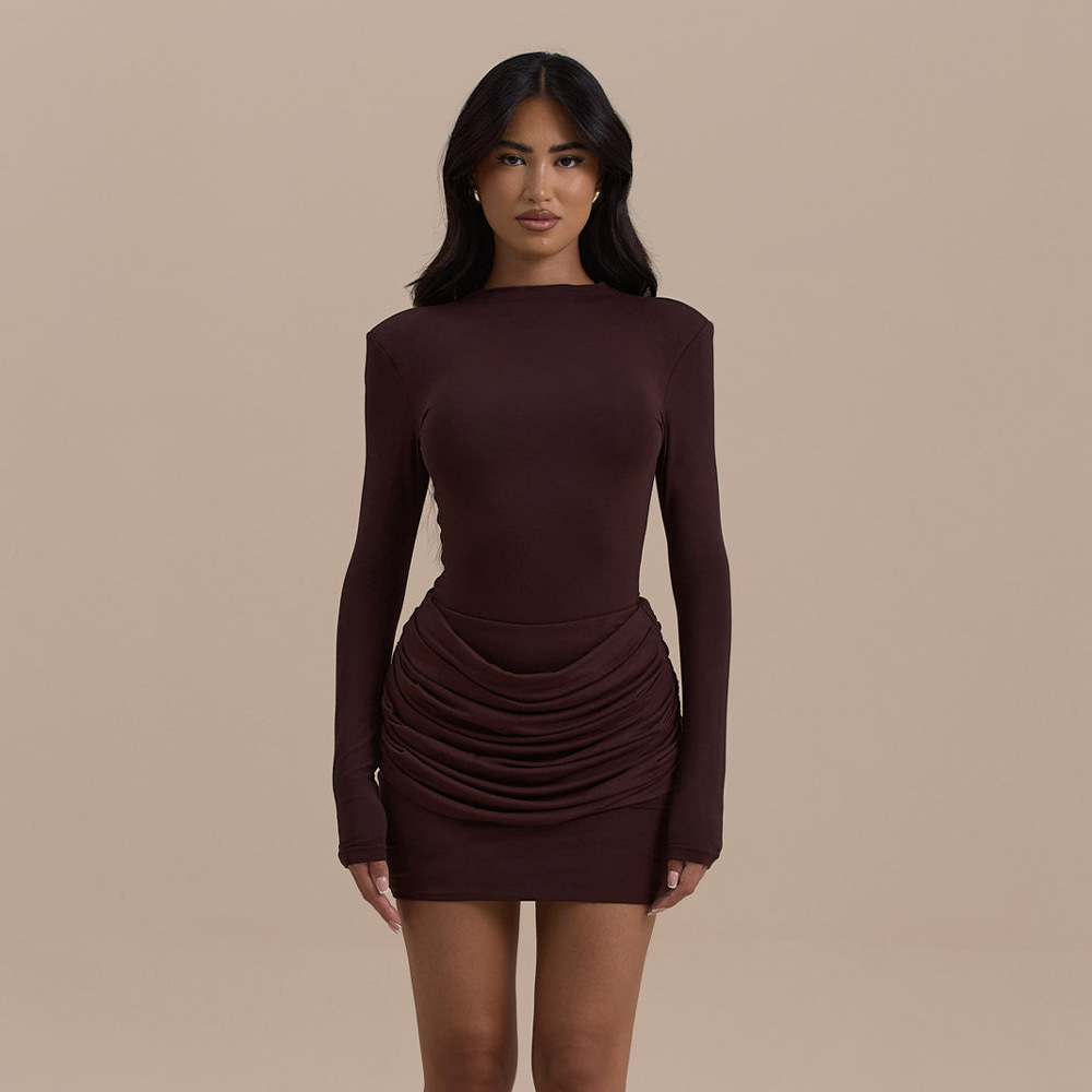 2025 transfronterizo estilo europeo y americano de otoño nuevo paquete sexy de color sólido cuello redondo prensado de vestir delgado de mujer